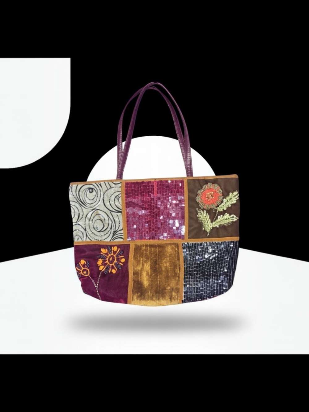 Christina Patchwork Tote with Plum, Gold and Brown Panels
